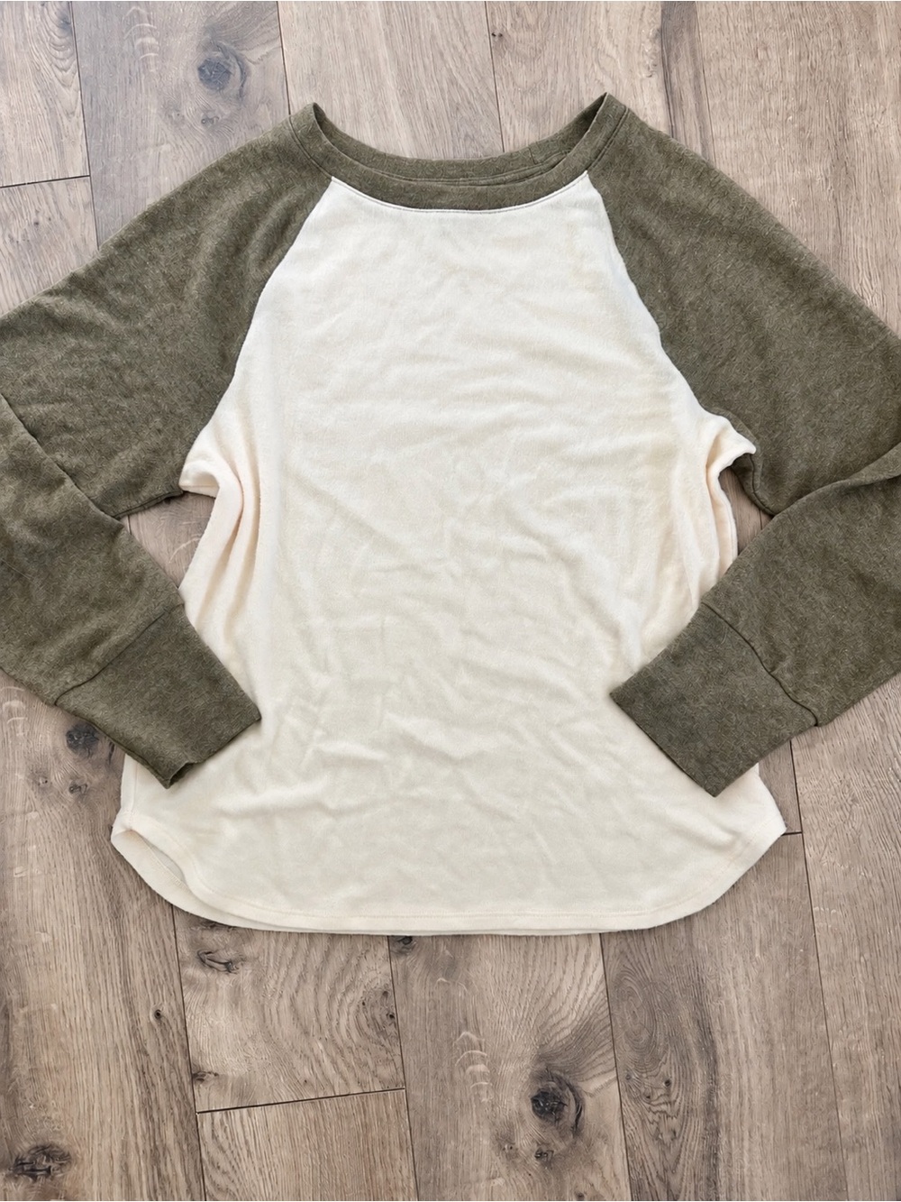 Natural Reflections Cream Body with Olive Raglan Sleeve Sweater